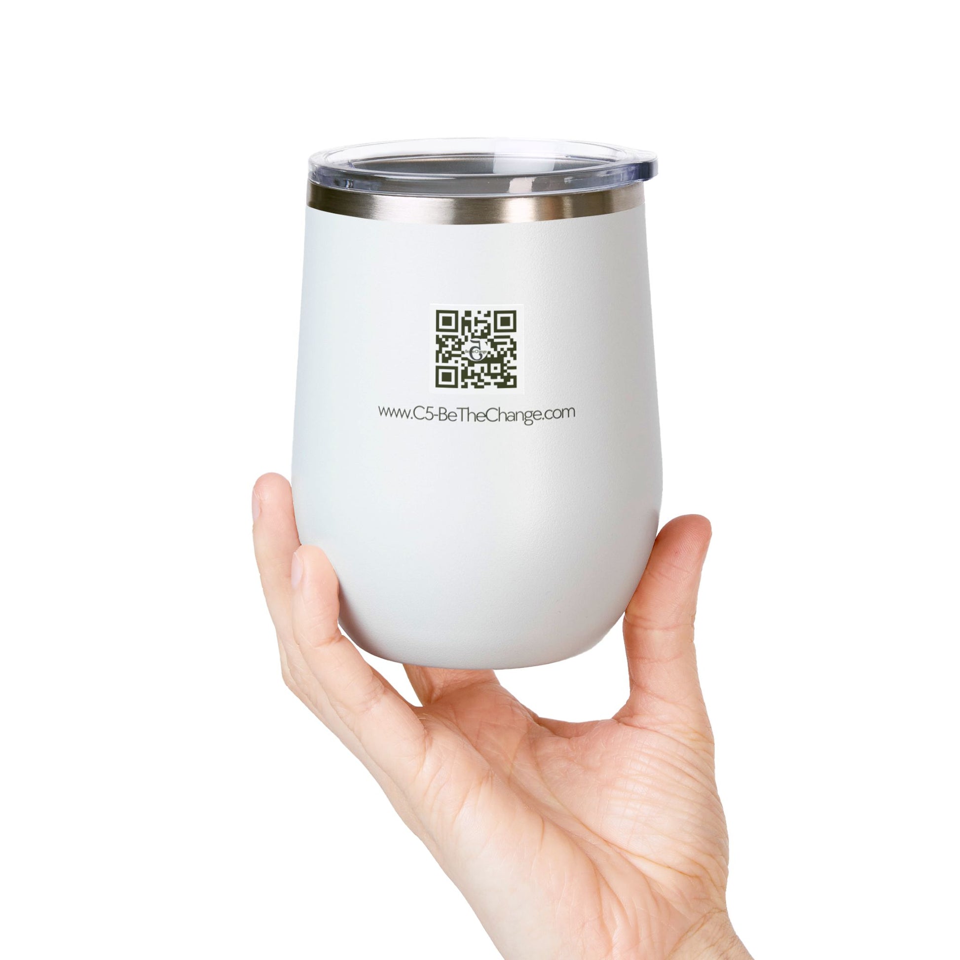 12 oz Wine Tumbler with QR Code - Brave, Independent, Thankful, Creative, Happy