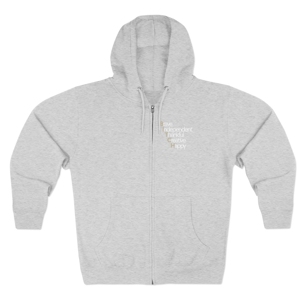 Unisex Zip Hoodie — Brave, Independent, Thankful, Creative, Happy