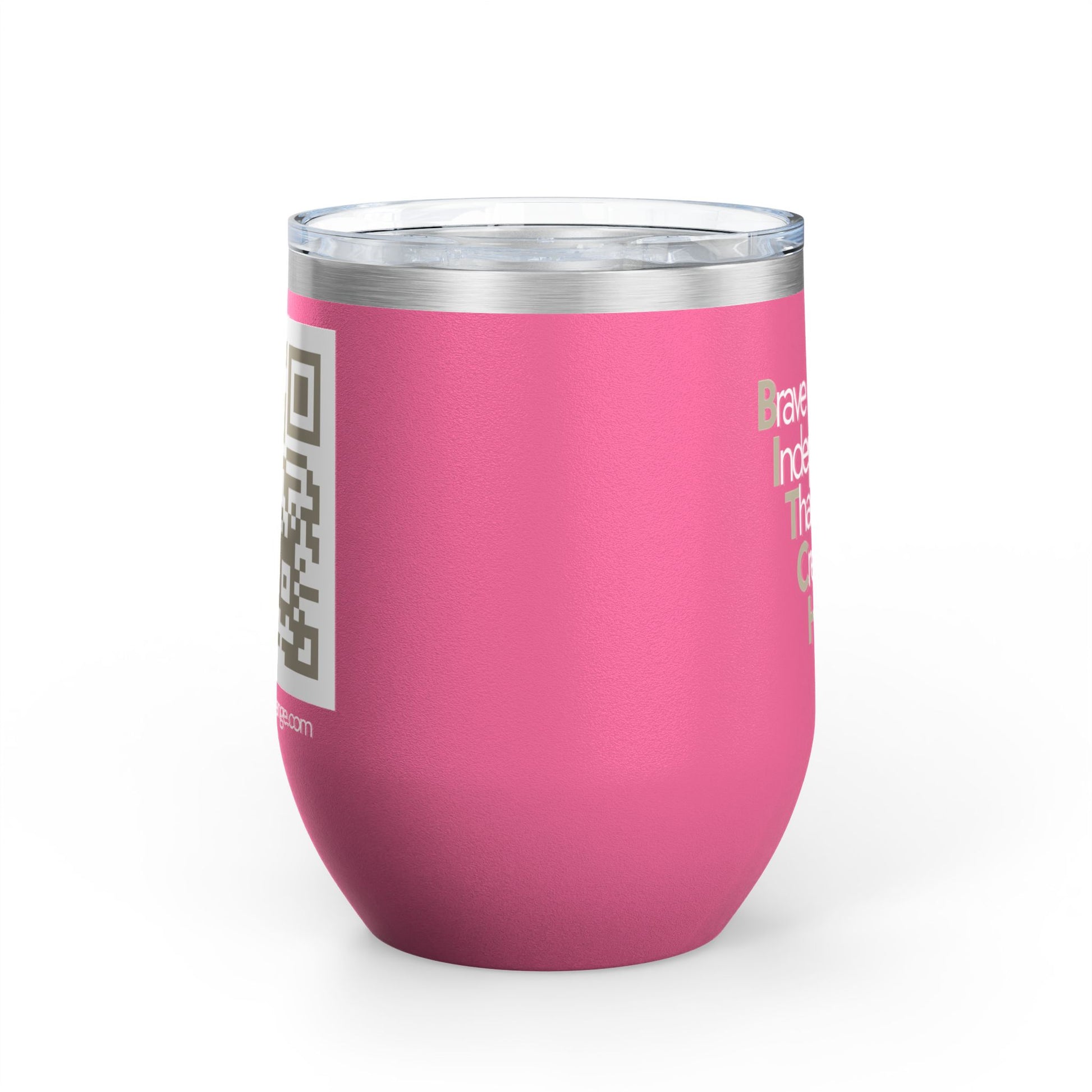 12 oz Wine Tumbler with QR Code - Brave, Independent, Thankful, Creative, Happy