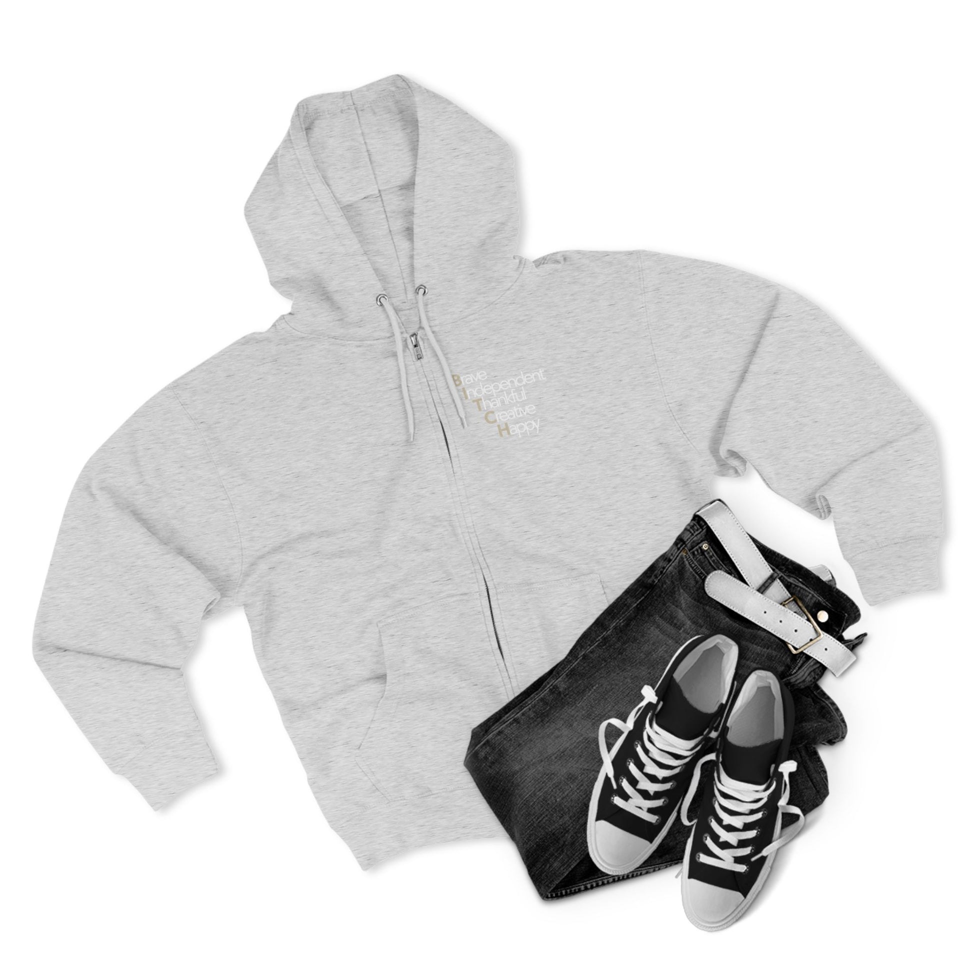 Unisex Zip Hoodie — Brave, Independent, Thankful, Creative, Happy