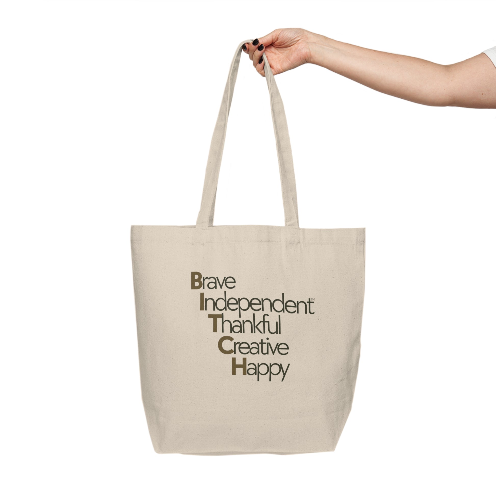 Canvas Tote w/ QR Code - Brave, Independent, Thankful, Creative, Happy