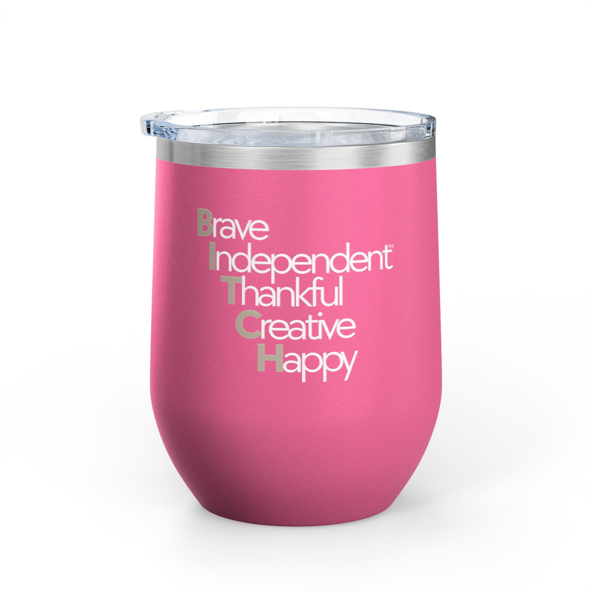 12 oz Wine Tumbler with QR Code - Brave, Independent, Thankful, Creative, Happy
