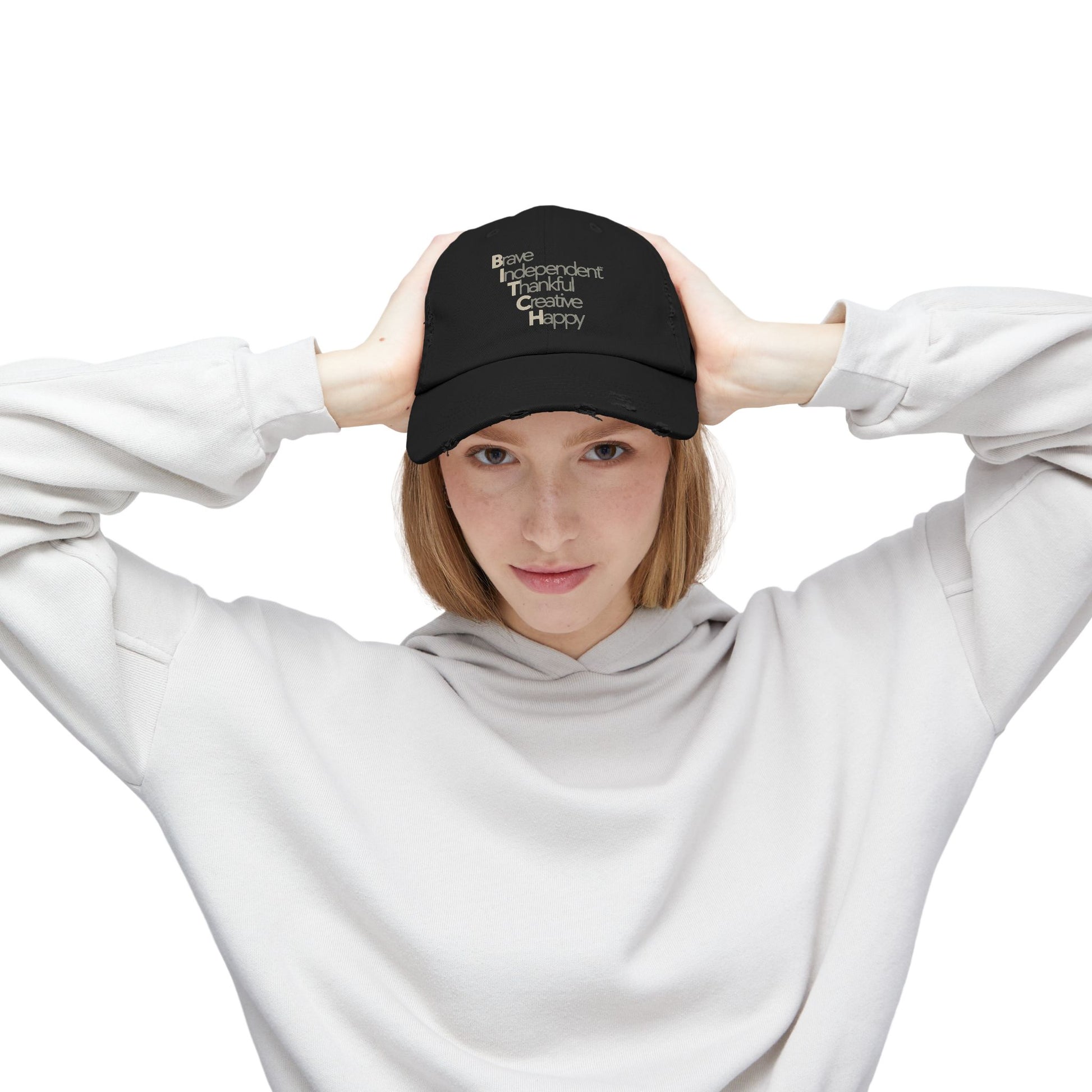 Unisex Distressed Cap - Brave, Independent, Thankful, Creative, Happy