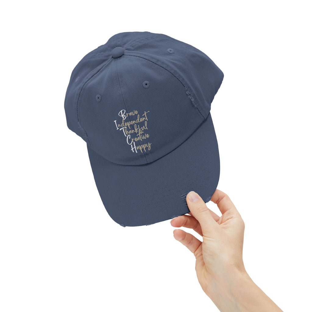 Unisex Distressed Cap - Brave, Independent, Thankful, Creative, Happy