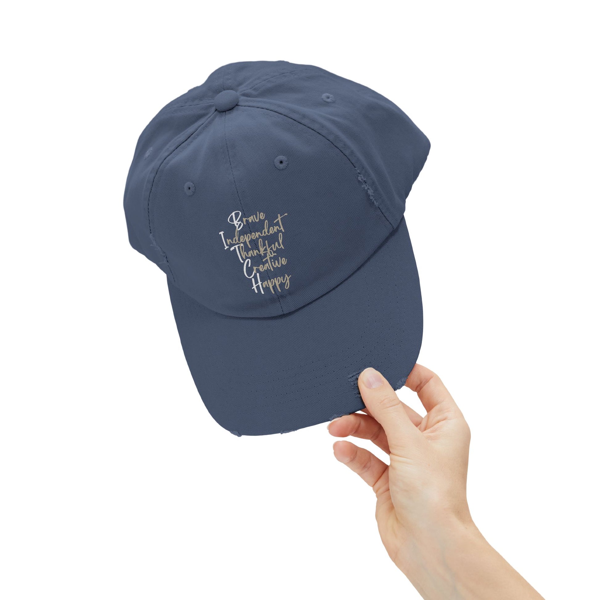 Unisex Distressed Cap - Brave, Independent, Thankful, Creative, Happy