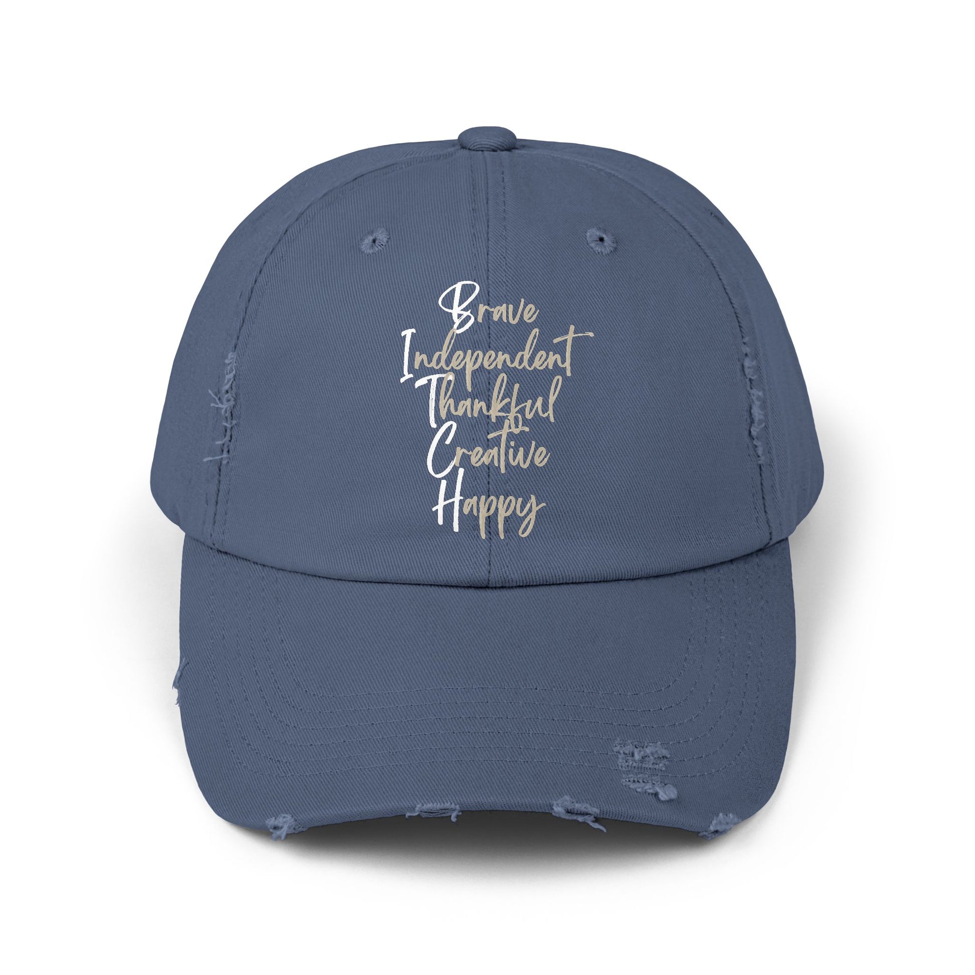 Unisex Distressed Cap - Brave, Independent, Thankful, Creative, Happy