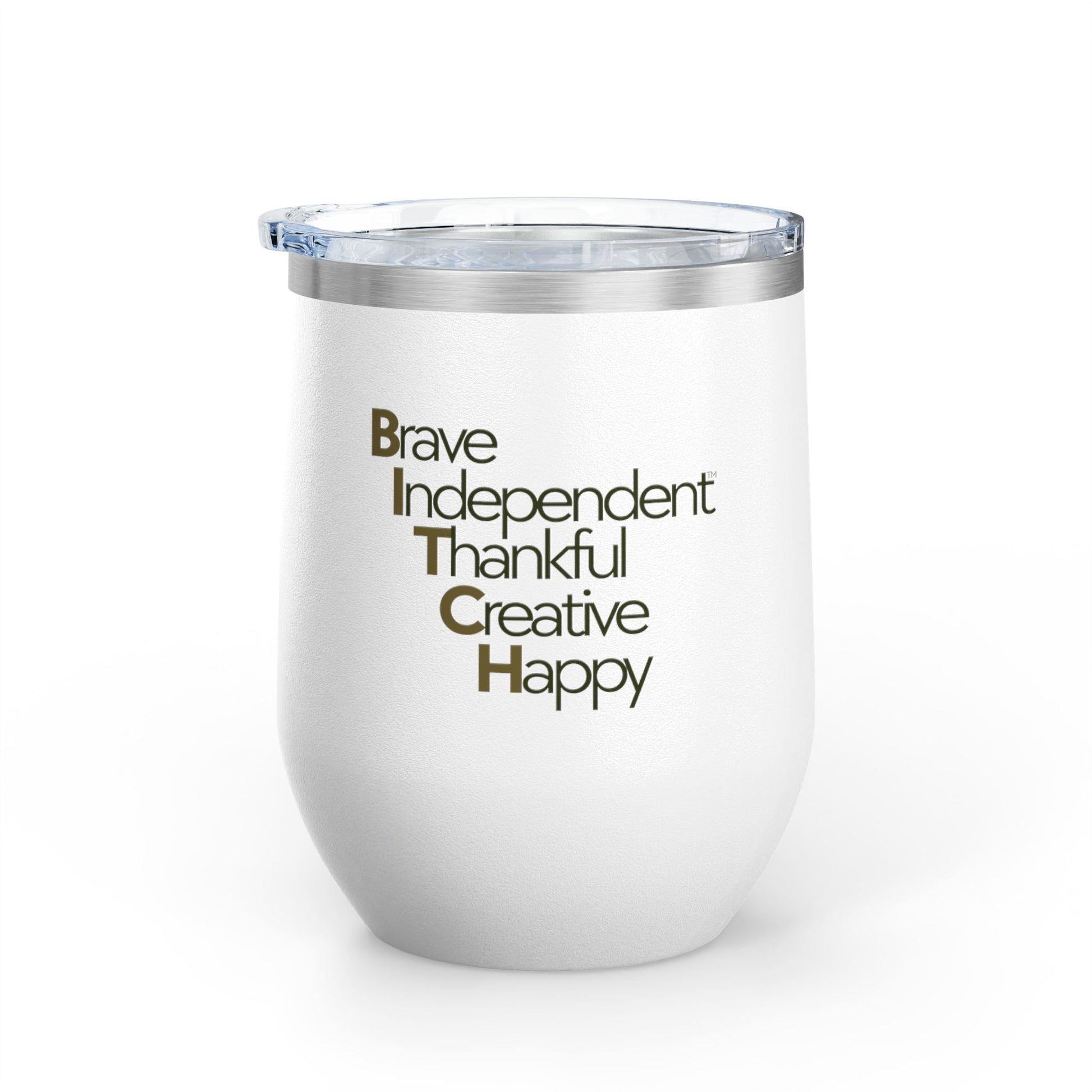 12 oz Wine Tumbler with QR Code - Brave, Independent, Thankful, Creative, Happy