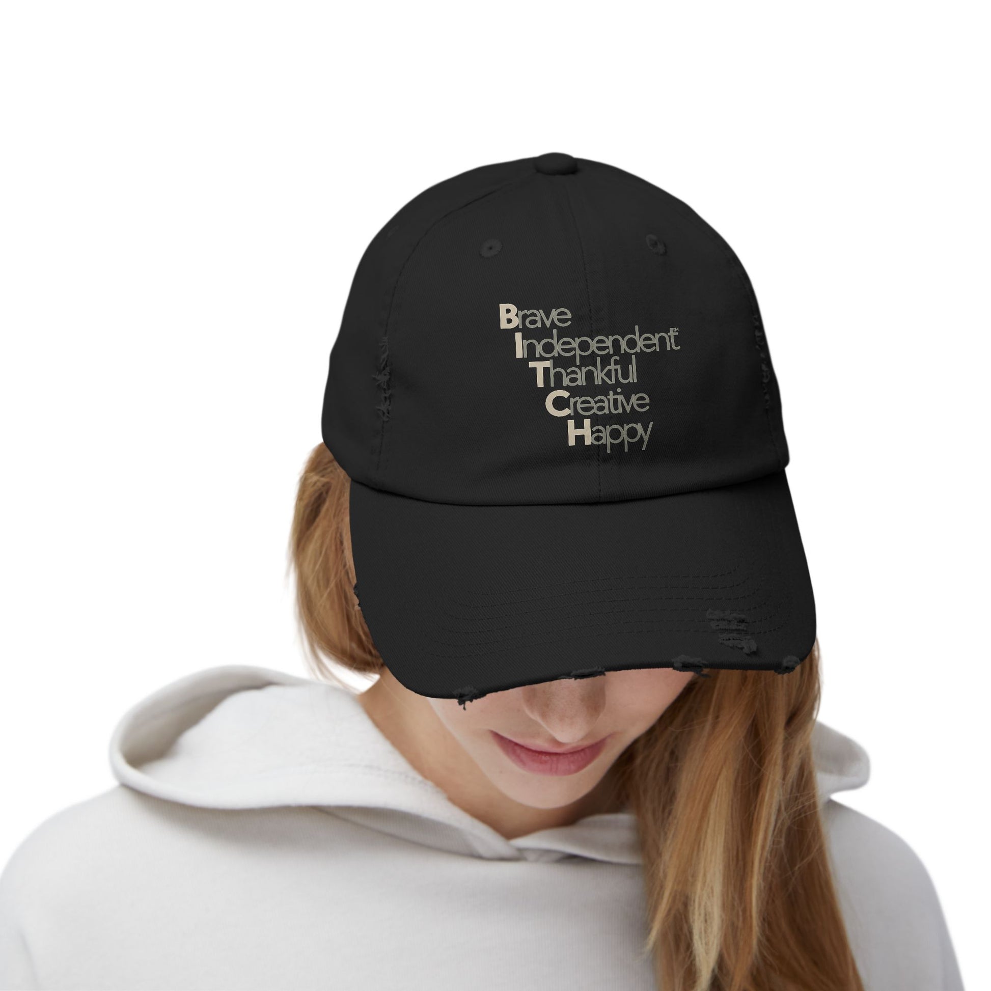 Unisex Distressed Cap - Brave, Independent, Thankful, Creative, Happy